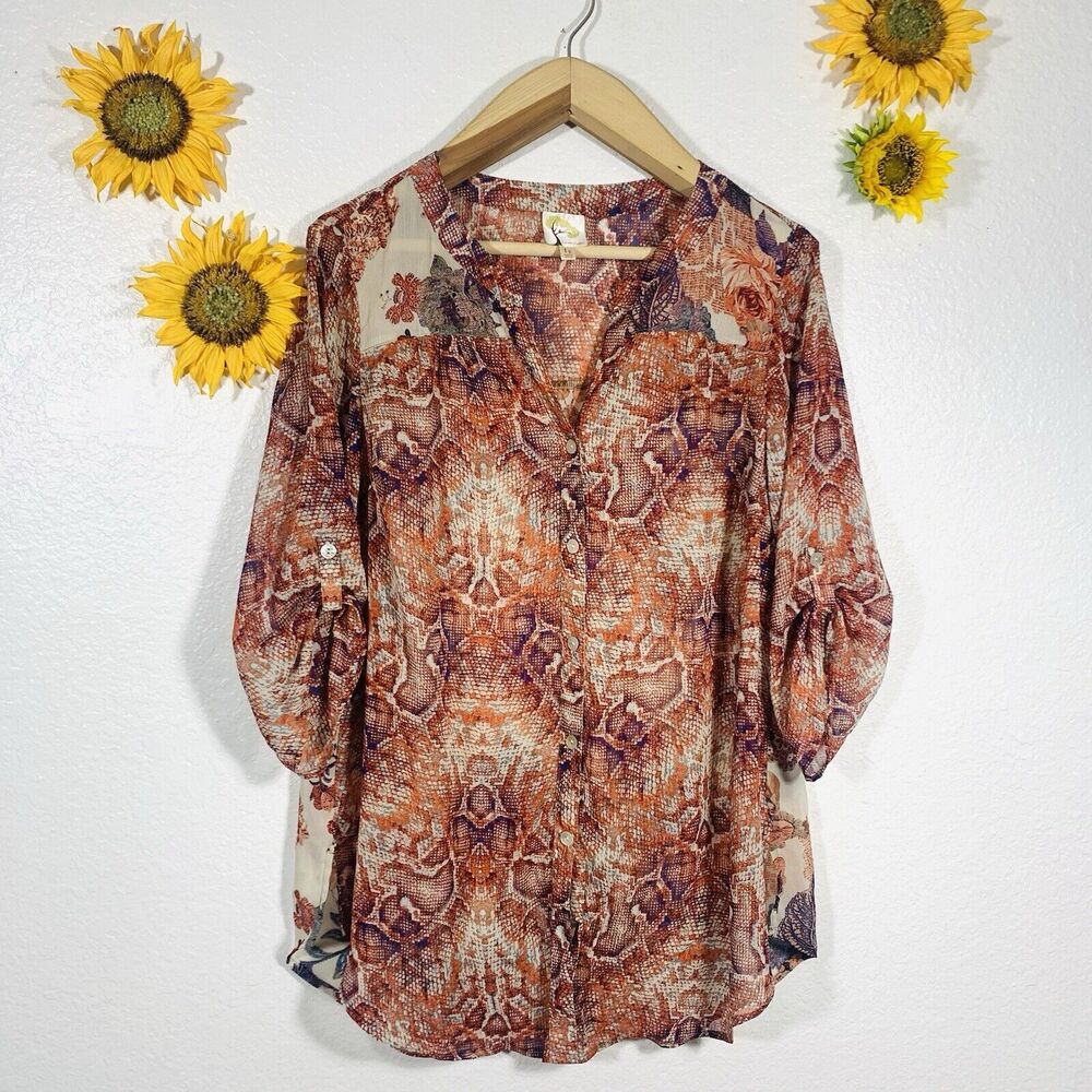 Anthropologie Fig & Flower Snakeskin Floral Button Blouse Plus Size 1X Women’s